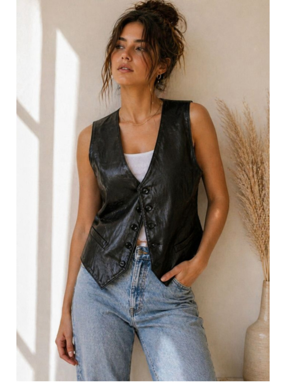 VTG Beged-Or Vintage Black Leather Vest 90s Minimalist Grunge Unisex Adjustable